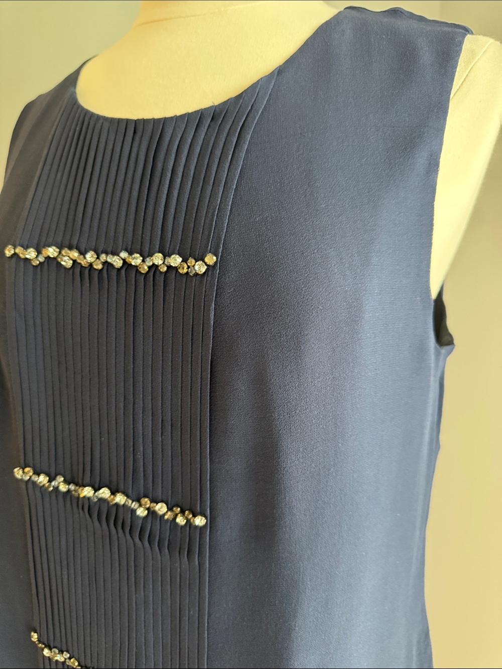 J. Crew NWOT Sleeveless Pleated Rhinestone Placket Blouse - Navy, Size 12